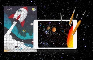 3D rocket puzzle popping out of a tablet. Space poster and stars in the background